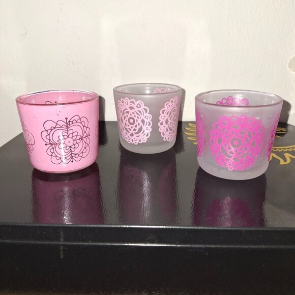 IKEA Granum Pink Floral Votive Holders - Set of 3 - Glass Tealight Candle Decor - Picture 1 of 3